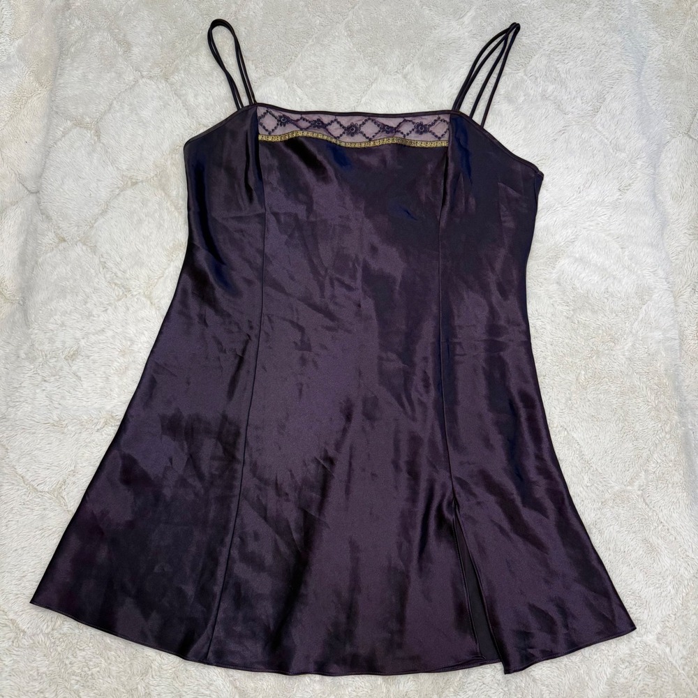 Vintage Delicates XL Purple Satin Slip Dress Coquette Lace Gold Trim Y2K 90s